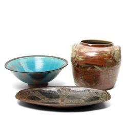 Large Crowan Pottery bread crock, H30cm; together with a studio pottery oval shallow dish,...