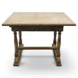 Arts & Crafts limed oak extending dining table, the rectangular draw-leaf top with integral leaf, raised on four turned supports united by H-stretcher; with set four matching lattice-back chairs on turned front-supports (W47cm H89cm)
