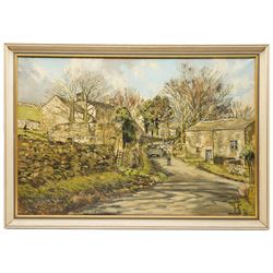 Thomas Leslie Kerkham (Yorkshire 1918-1986): Driving Sheep through a Dales Hamlet, oil on canvas signed 60cm x 90cm