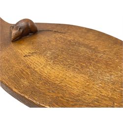 Mouseman - circa. 1940s/50s adzed oak cheese board, oval form with handle, the board carved with mouse signature, by Robert Thompson of Kilburn, L37cm D18cm 