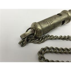 WWI J. Hudson & Co. Birmingham trench whistle dated 1915 on chain with leather button fob; WWI Dennison Mk.VI pocket compass No.39885 dated 1917 on watch chain with fob; and army type clasp knife (3)