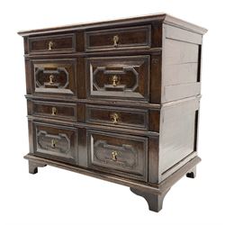 18th century oak chest, rectangular top with moulded edge over four long drawers with applied geometric moulding, on bracket feet