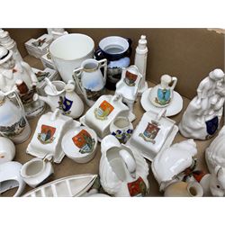 Collection of crested ware, to include Scarborough Willow Art coal truck, Whitby Willow Art Burns and Highland Mary figure group, Carlton China beer drinker 'Tak Hod an Sup Lad', and 'Here's ta me an'ma wife's usban', lighthouse, boat, Kingsway Art China Sir Walter Scott's Chair, butter dishes, candlestick, pianos etc