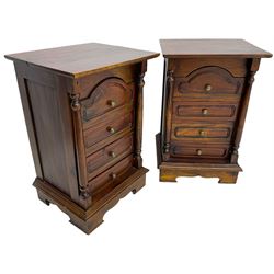 Pair of Victorian design mahogany bedside pedestal chests, fitted with four drawers, turned pilasters, on bracket feet