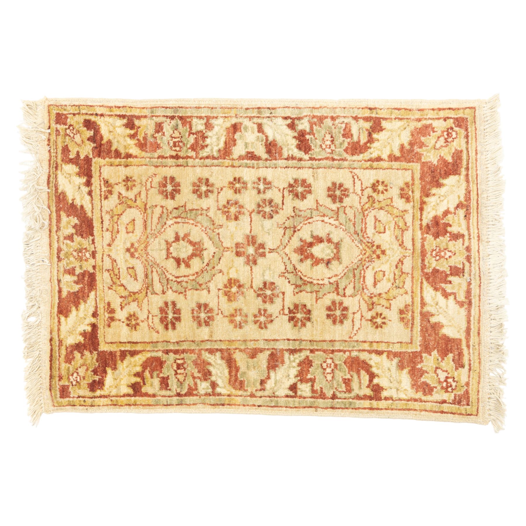 Lot of three Indo-Ziegler style wool rugs, comprising one with central floral medallion and palmette border, and two matching examples with scrolling vine and flowerhead motifs on a deep red field, each with decorative border in soft gold tones (60cm x 85cm) (65cm x 115cm)