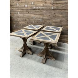 4 x Rustic square restaurant bistro table, parquetry top, X shaped base