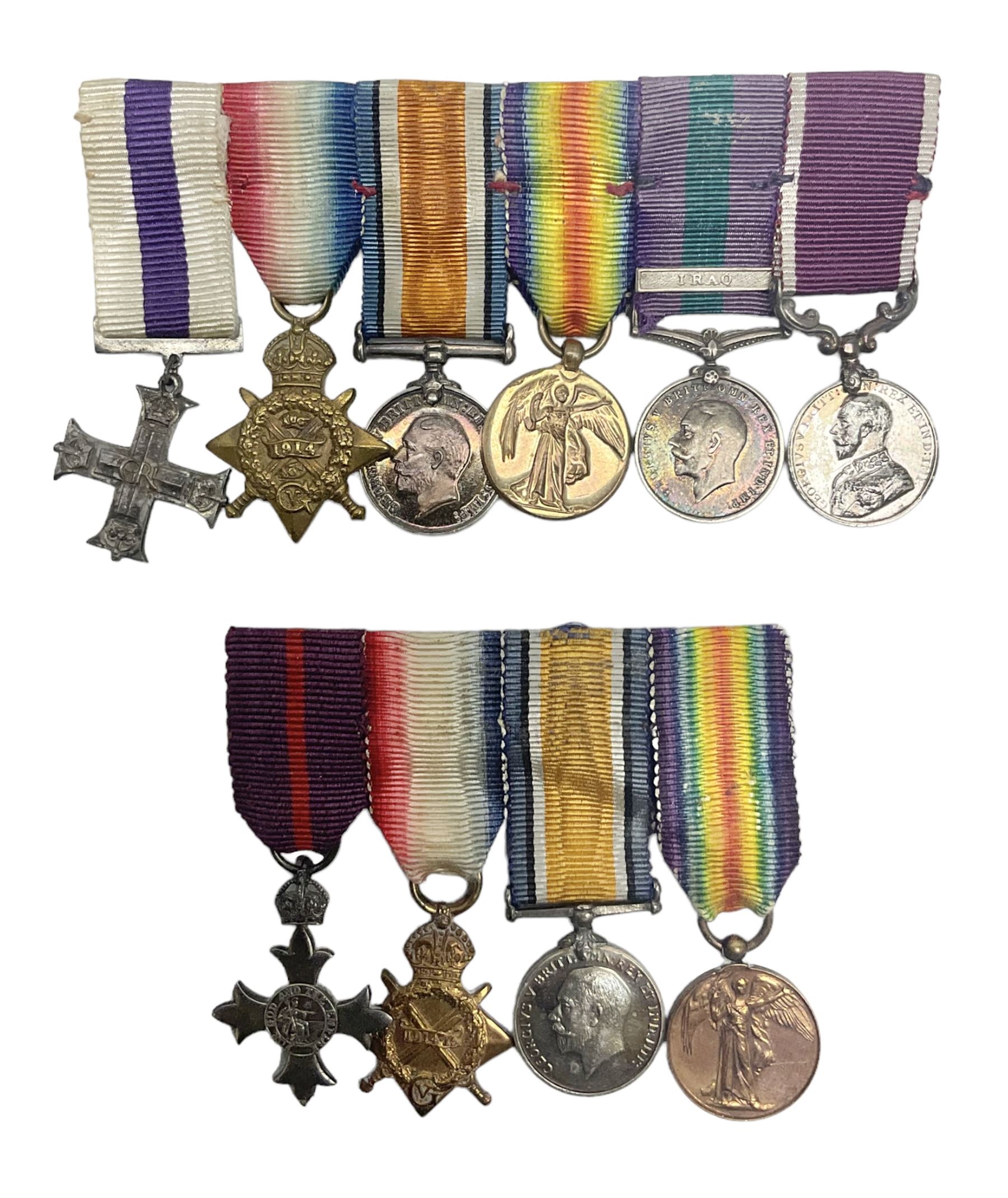 George V Military Cross miniature group of six medals comprising MC, WW1 trio including 1914 Star, Long Service and Good Conduct Medal and General Service Medal with Iraq clasp; and miniature group of four medals comprising Military OBE and WW1 trio including 1914-15 star; all with ribbons and both on pinned wearing bars