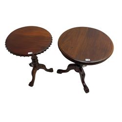 Georgian design mahogany pedestal occasional table, carved edge over birdcage action support, tripod base with acanthus leaf decoration and ball and claw feet (W50cm H70cm); Georgian design occasional table, circular top over vasiform pedestal with tripod base (W59cm H70cm)