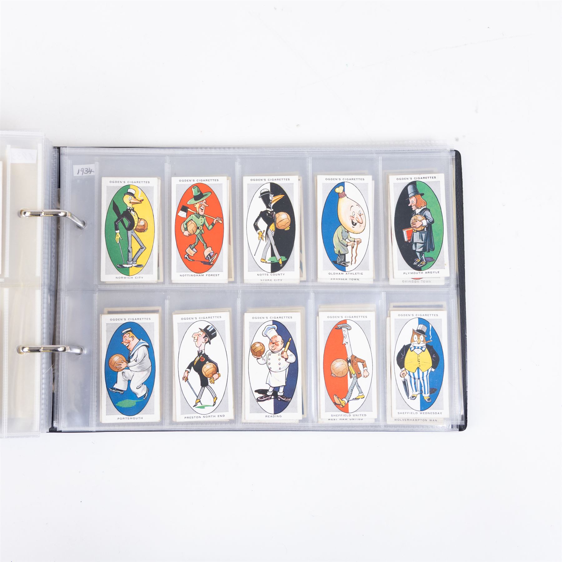 Collection of Edwardian and later Football related trading and cigarette cards, including forty-nine of fifty 1906 Ogden's Football Club Colours, 1922 PALS Footall series, ninety of one hundred 1925 Gallaher Famous Footballers, complete set of forty-four 1926 Ogden's Captains of Association Football Clubs and Colours, complete set of fifty 1927 Players Football Caricatures by MAC,  complete set of fifty 1927 Players Football Caricatures by RIP,  complete set of fifty 1930 Players Association Cup Winners, complete set of 50 1933 Ogdens AFC Nicknames etc, housed in brown cigarette card album