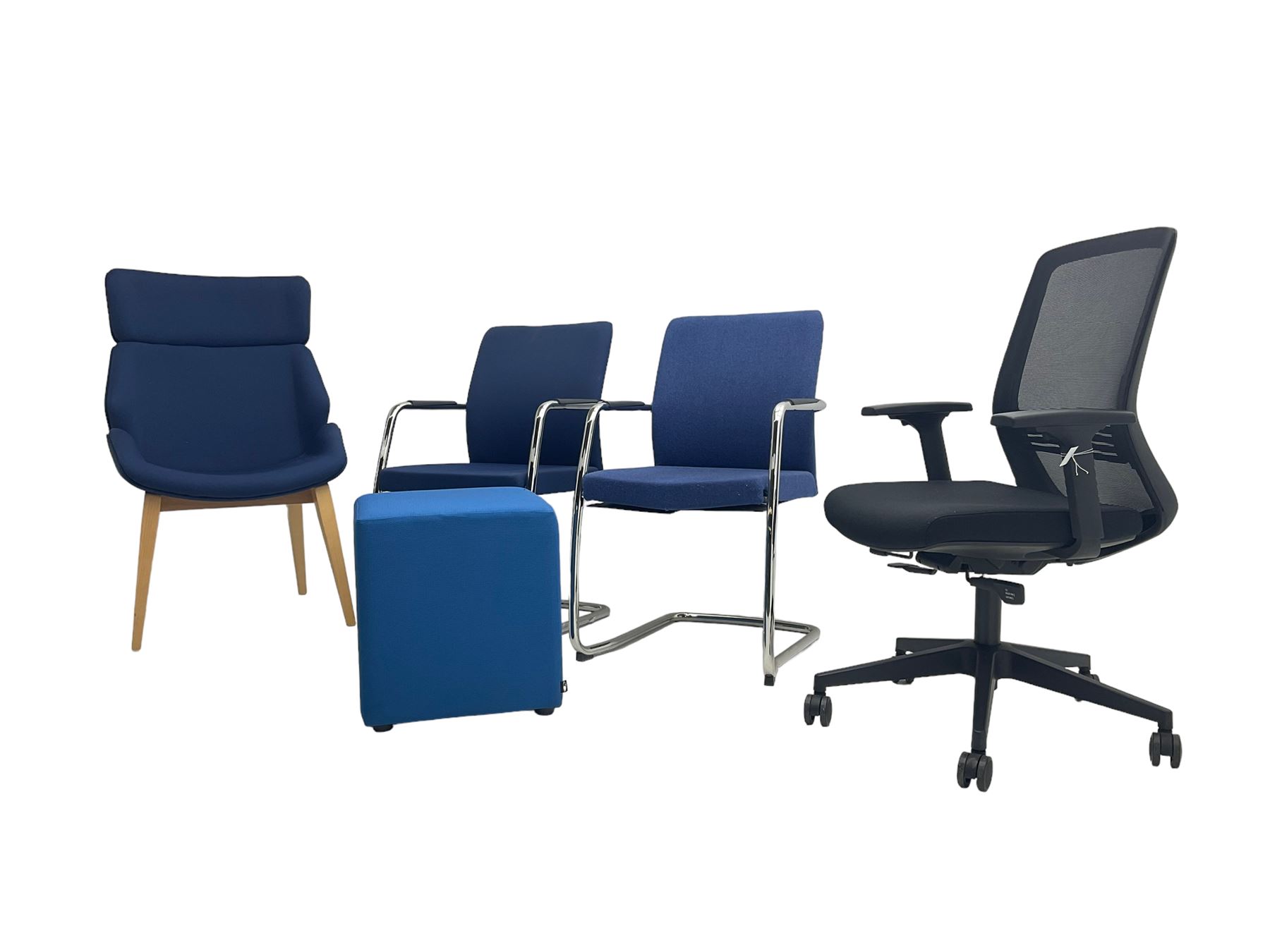 Elite - black office swivel chair (W61cm H98cm); together with Elite - pair office armchairs and high back office chair, upholstered in navy blue; and office cube