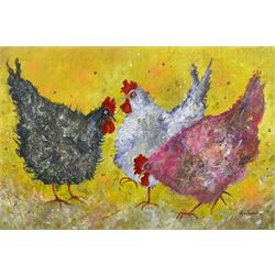 Ann Lamb (British 1955-): 'Three French Hens', mixed media on canvas signed 40cm x 59cm
