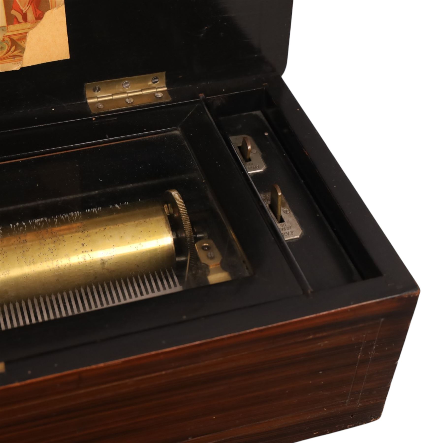 Swiss-Late 19th-century inlaid rosewood musical box playing eight airs, 78 tooth steel comb and brass cylinder, crank operated going barrel with a jewelled governor, with original tune sheet, W51cm 