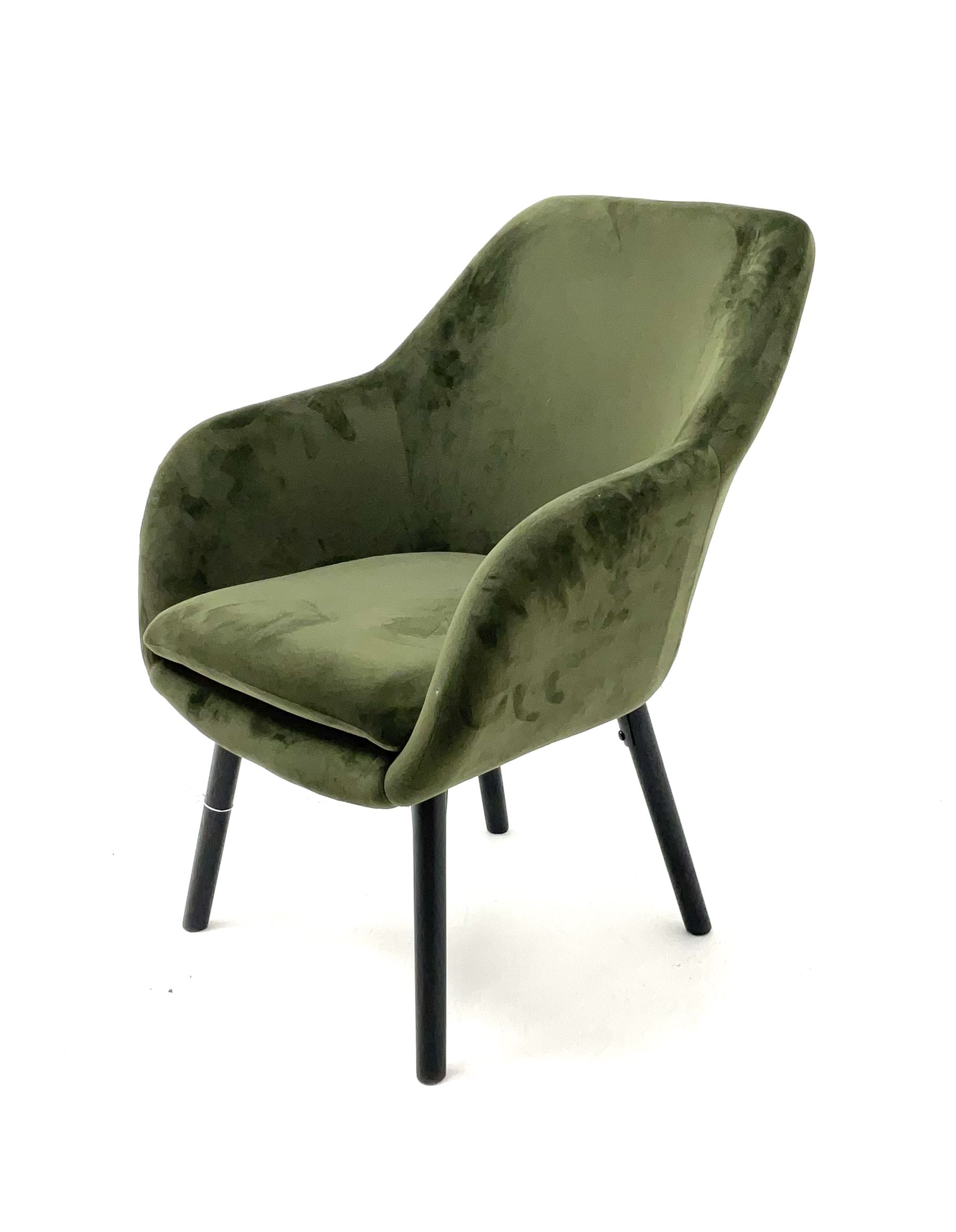 Olive green upholstered tub chair, turned tapering supports