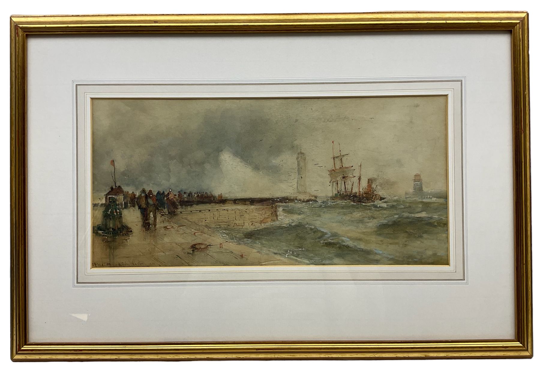 Frank Henry Mason (Staithes Group 1875-1965): 'A Gale Whitby', watercolour signed inscribed and dated 1901, 21cm x 44cm