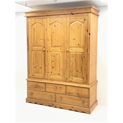Solid pine triple wardrobe with five drawers, W161cm, H211cm, D59cm