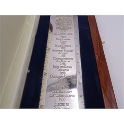Modern silver 'Churchill Rule of Life' ruler, by Richard Jarvis of Pall Mall, engraved with the significant events and dates of Winston Churchill's life, from his birth in 1874 to his funeral in 1965, hallmarked Richard Jarvis, London 2007, L33.5cm, within wooden fitted case, with applied portrait to cover and silk and velvet lined interior
