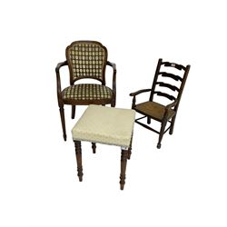 French style beech framed elbow chair, child's ladder-back armchair with rush seat, and a mahogany stool on turned supports (3)