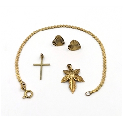  Gold flat link chain bracelet, pair heart stud ear-rings and leaf pendant hallmarked 9ct and cross pendant stamped 375, approx 4.8gm   