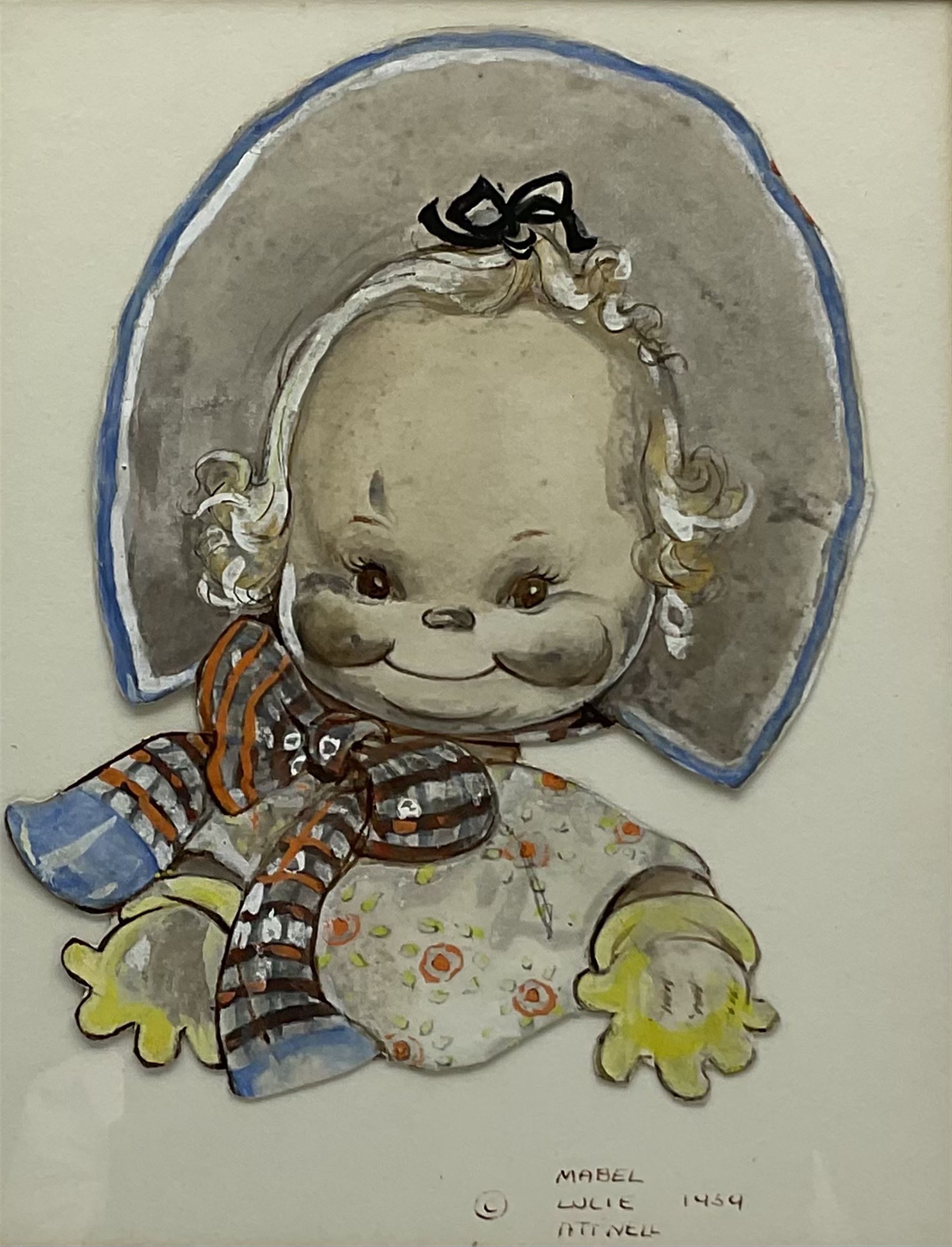 Mabel Lucie Attwell (British 1879-1964): 'Here's a Cheerio from Me', watercolour cut out and laid on paper signed and dated 1959, inscribed verso 24cm x 19cm
Notes: this subject was used in Postcard No.999 and calendars 1947 to 1950