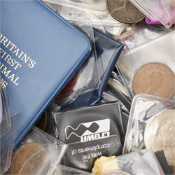 Quantity of Great British and World coins, including commemorative crowns, 'Britain's First Decimal Coins' sets in blue wallets, commemorative crowns, Queen Victoria and later pennies, other pre-decimal coinage etc