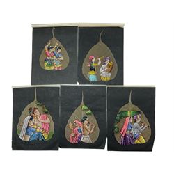 Indian School (20th century): Dancing and Music Scenes, set five paintings on peepal leaf skeletons unsigned max 19cm x 15cm (5) (unframed)