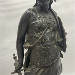 After Auguste Moreau; pair of 19th century bronzed figures representing Minerva and Mars, each standing in armour and holding shields, H42cm