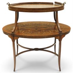 Edwardian Sheraton Revival inlaid mahogany and satinwood marquetry oval two-tier étagère o...