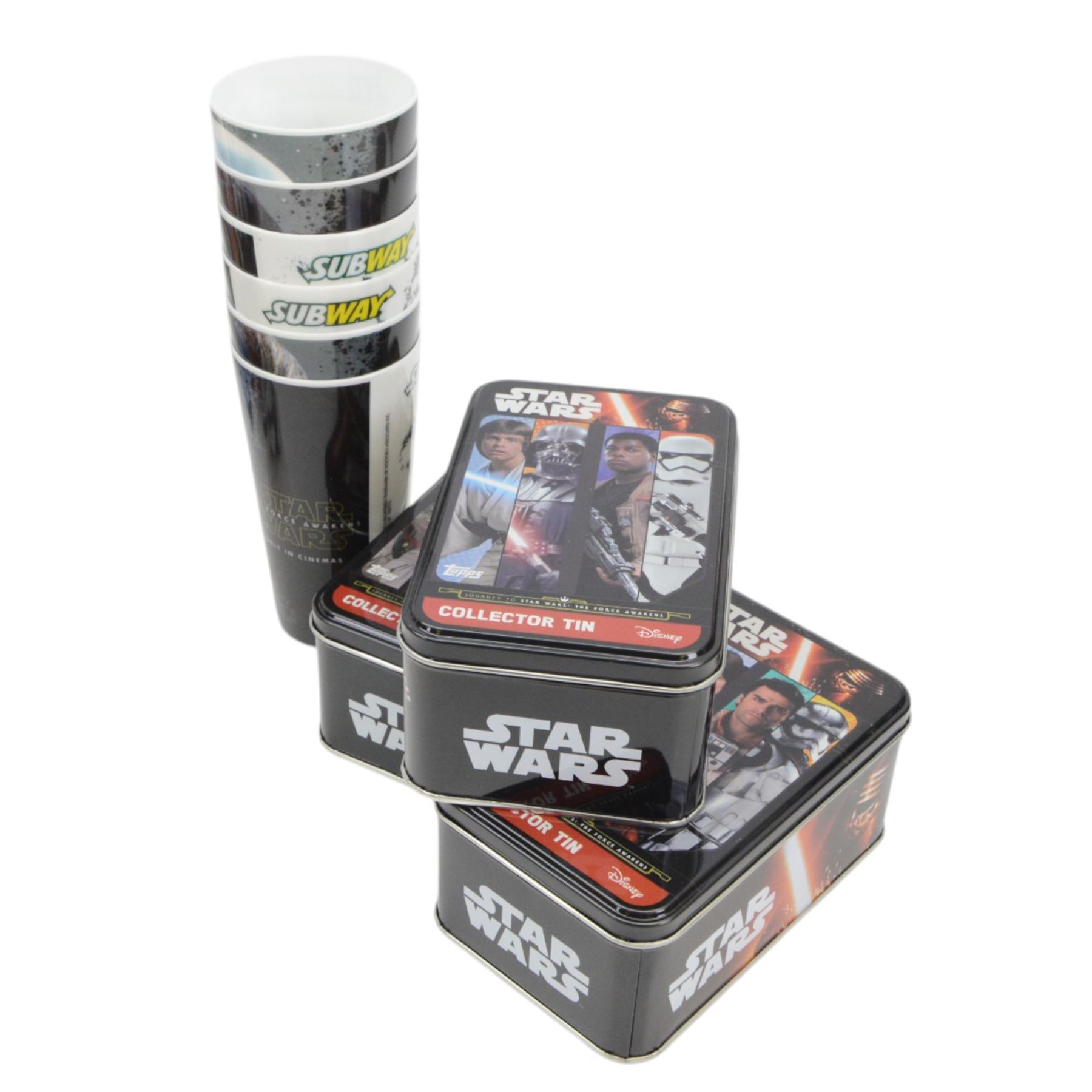 Star Wars puzzles and games, including four sealed MB Games 200piece jigsaw puzzles, two Darth Vader sculpture puzzles, limited edition sealed Ravensburger The Force Awakens Labyrinth game, two Special Edition Star Wars Trilogy Mousemats in original packaging, and a collection of Star Wars The Force Awakens ephemera including tins, flags, 3D glasses, etc