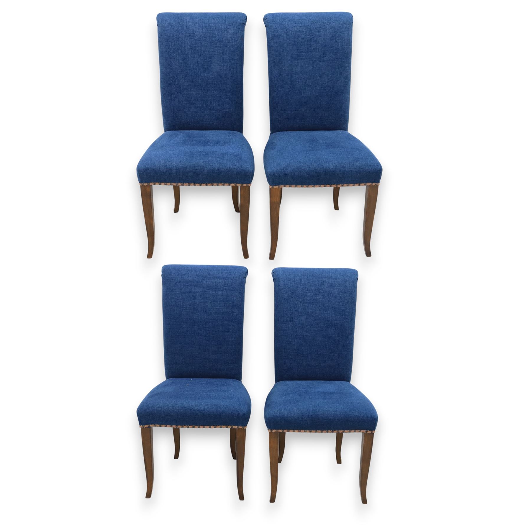Contemporary set of four blue high back upholstered dining chairs