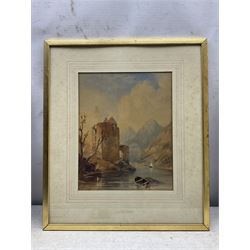 Manner of Thomas Miles Richardson Snr. (British 1784-1848): Lakeside Ruin, watercolour unsigned; English School (Early 20th century): Wooded Landscape and Village Cottages, two oils on canvas, one indistinctly signed max 30cm x 48cm (3)