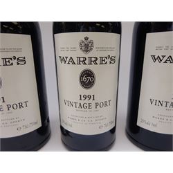 Warre's 1991 vintage port, bottled in 1993, 75cl, 20%vol, three bottles