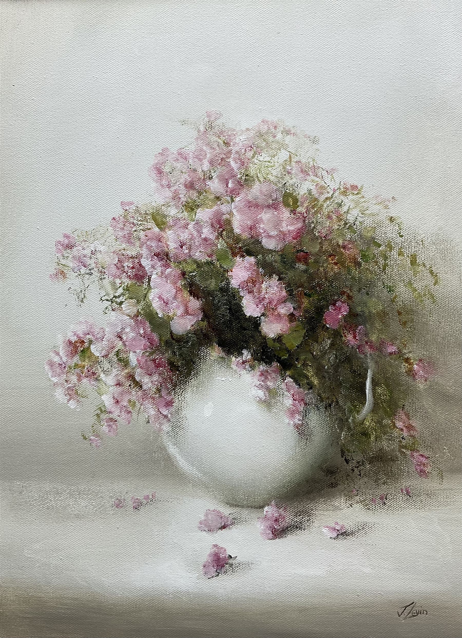 Judith Levin (British 1956-): Still Life of Pink Flowers, oil on canvas signed 39cm x 29cm 