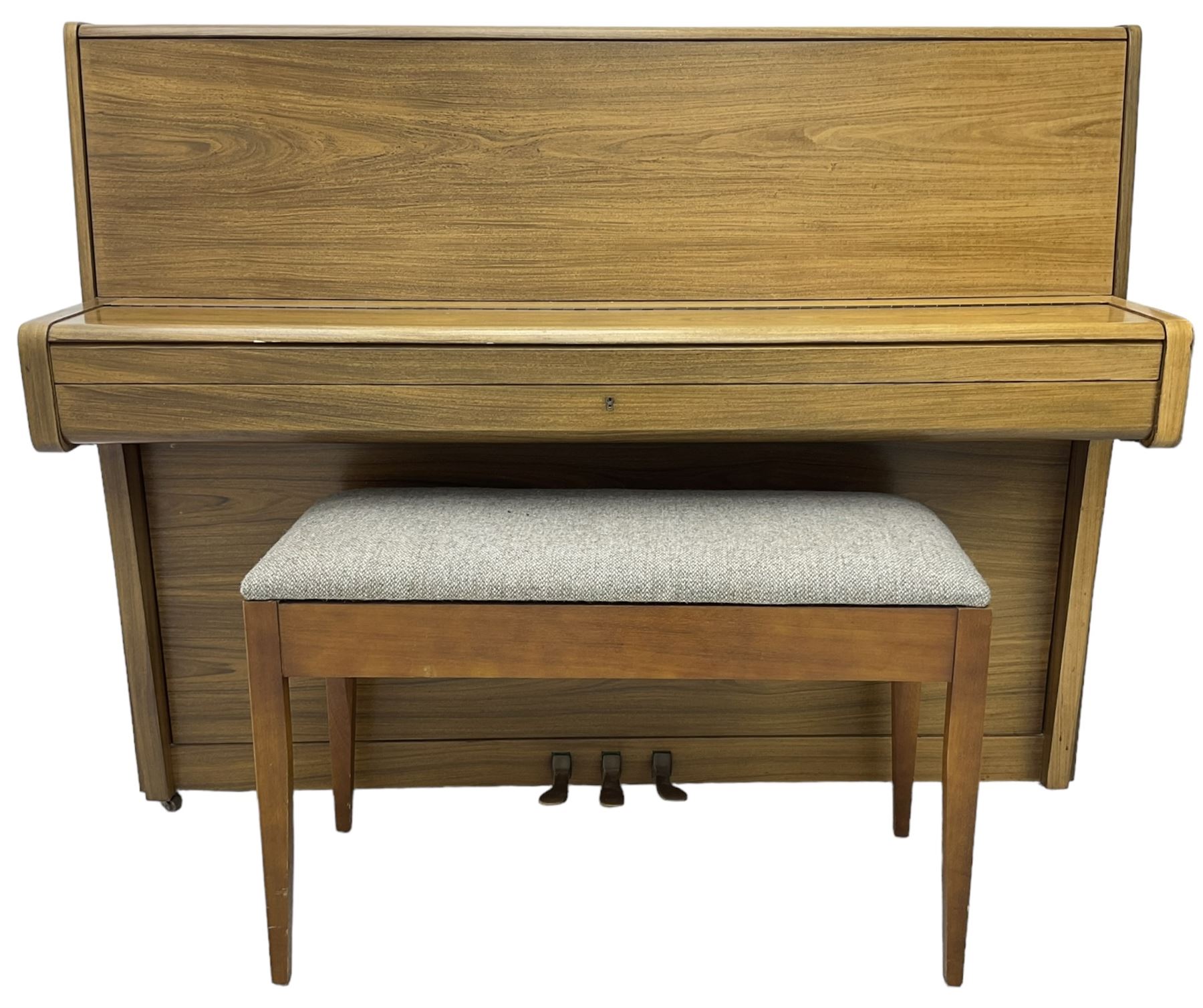 Welmar - English walnut cased upright piano, overstrung frame with a Langer underdamper action; serial No 107859 (1990) with practise, sostenuto and una corda pedals, 88 note seven octave keyboard, with matching duet stool.