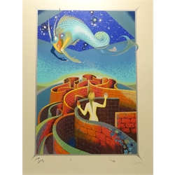  Figure Diving and Figure Standing in Castle Walls, two 20th century limited edition surrealist screen prints indistinctly signed and numbered with blind stamp 49.5cm x  34.5cm (2)  