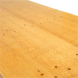 Mouseman - adzed oak 6’ refectory dining table, rectangular top with visible dowel pegs and adzed surface, raised on octagonal carved supports with stretcher and sledge feet, carved mouse signature to leg, by the workshop of Robert Thompson, Kilburn
