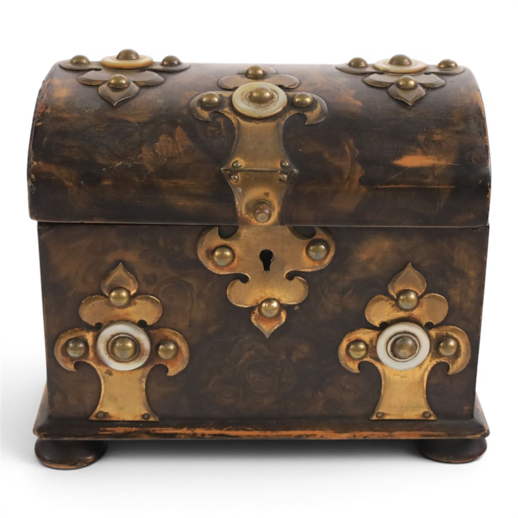 19th century tea caddy, with enhanced woodgrain design,  with brass and mother of pearl mounts, H13cm, L16cm