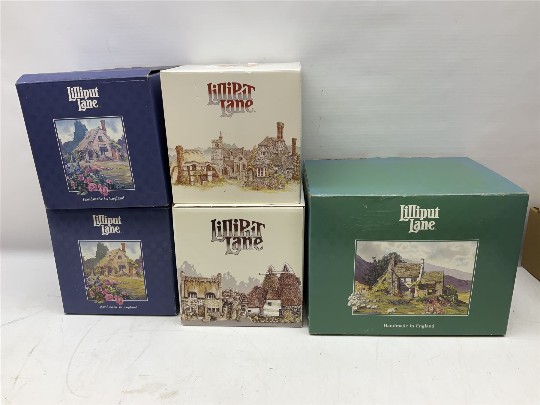 Five Lilliput Lane models comprising Bluebell Farm, Anne Hathaway 1989, Armada House, Green Gables and Summer Days, all boxed