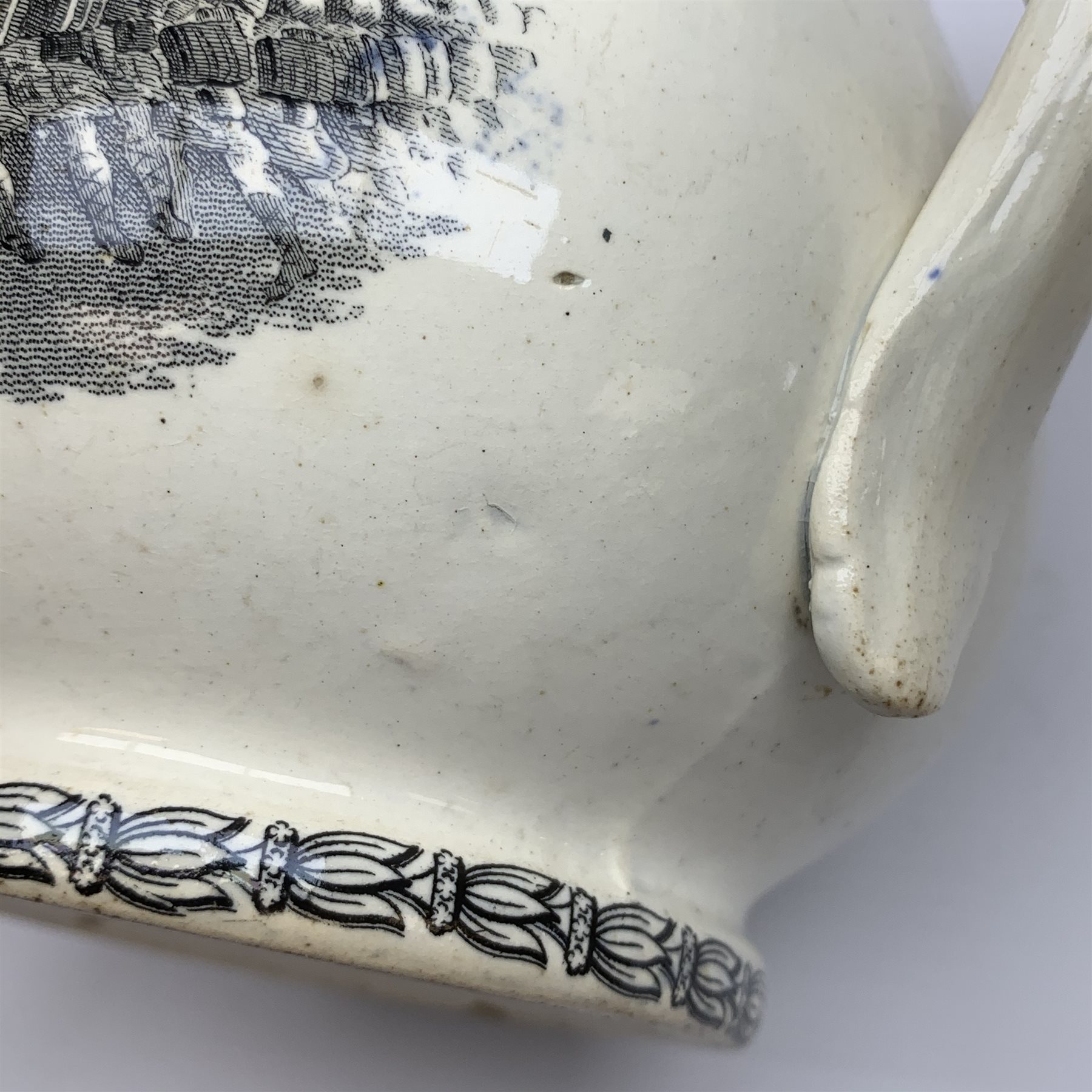 A 19th century Staffordshire pottery pearlware Crimea commemorative jug, black transfer printed with battle scenes, entitled Battle of Alma, Charge of the Highlanders, and Storming the Malakhofi, H18cm. 