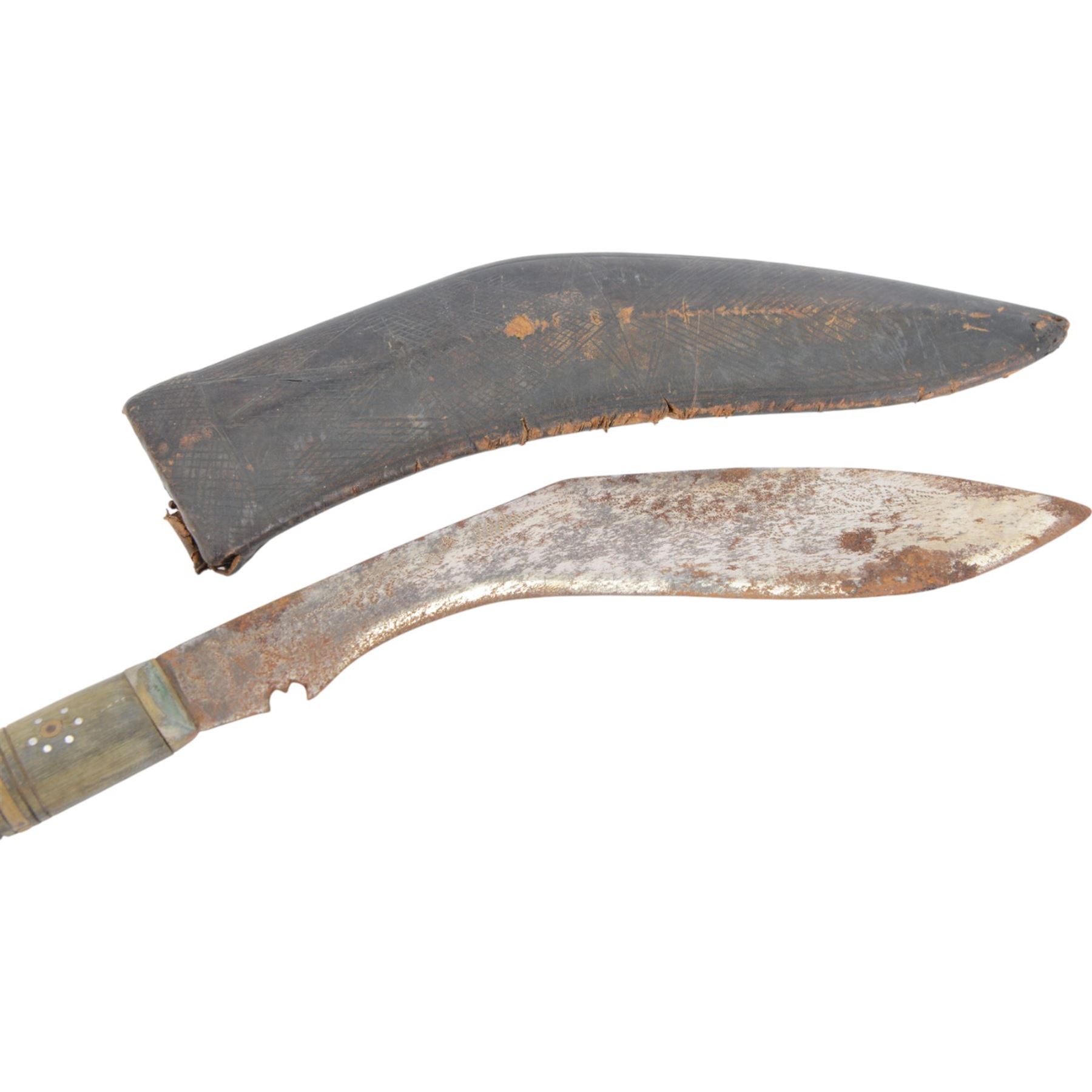 Kindjal dagger, the handle and scabbard decorated with figures and animals, together with middle eastern curved dagger and other knives and weapons 