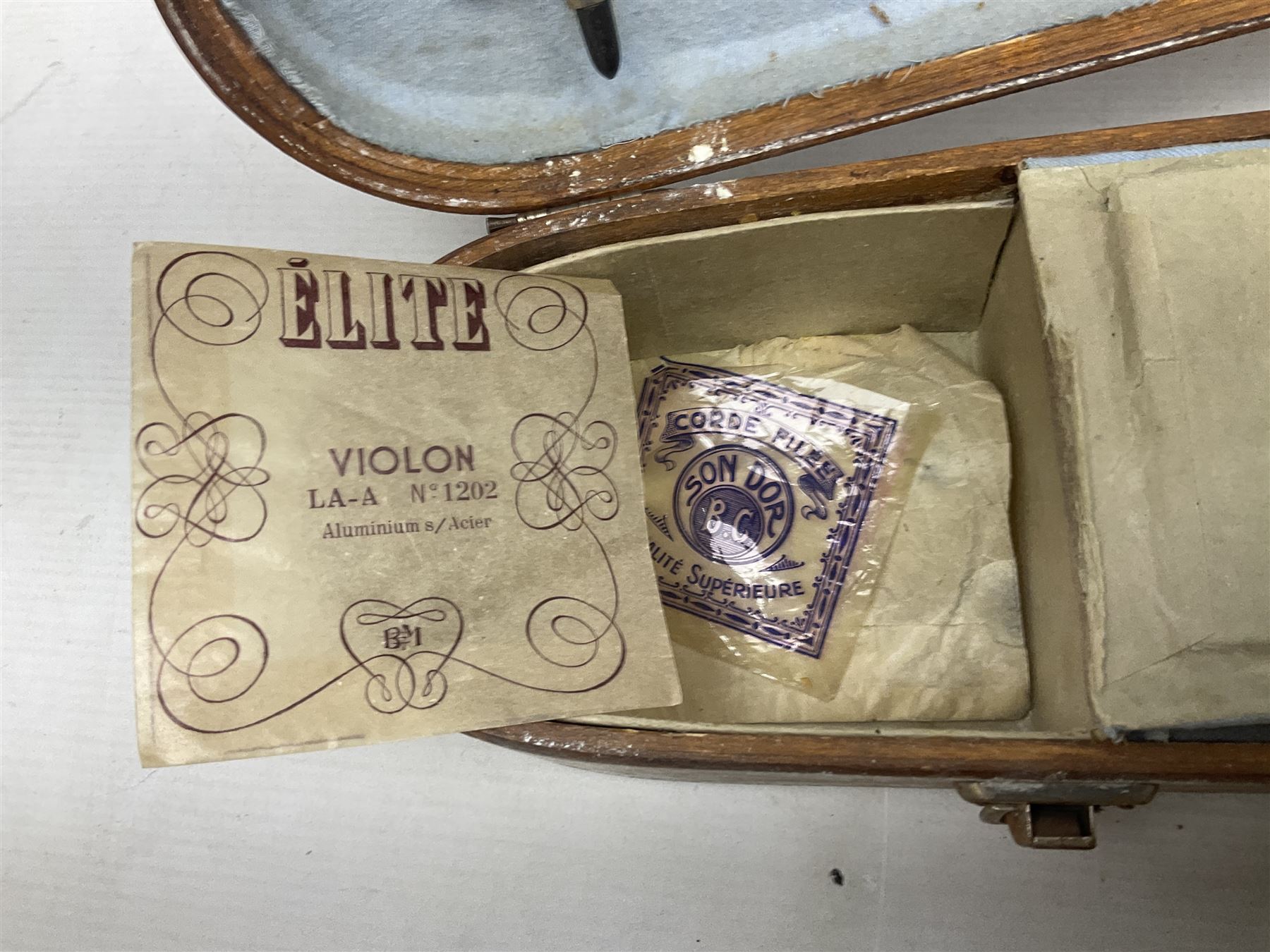 Mid-19th century German violin with 36cm two-piece maple back and ribs and spruce top, bears label 'Riccardo Antoniazzi Cremonese fece in Milano l'anno 1896' L59.5cm overall; in walnut case with two part bows