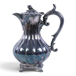 Early 20th century silver plated four piece melon-shaped tea service by James Dixon & Son Sheffield, comprising teapot, hot water jug, milk jug and open sucrier, together with a silver plated twin handled tray with engraved floral decoration