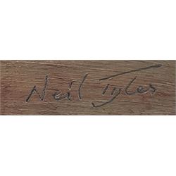 Neil Tyler (British 1945-): Still Life - 'Spanish Crocs and Leeks', oil on board signed, titled verso 45cm x 55cm