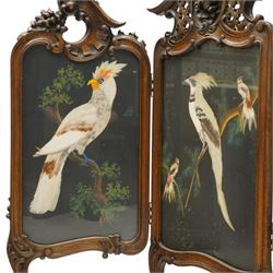 Rococo Revival carved hardwood framed triple panel fire screen, pierced and carved foliate and cartouche pediments with C-scrolls and scallop decoration, over three glazed panels depicting exotic birds of Mexican feather art, on cabriole supports with scroll feet