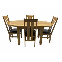 Solid oak oval extending dining table, butterfly leaf extension, four chairs with brown upholstered seats