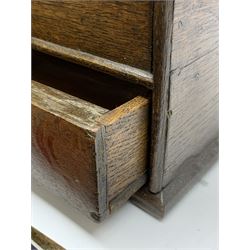 18th century oak bible box, the hinged sloped top with incised decoration above a single drawer with carved detail 'C.C. 1727', H32cm L63cm D44.5cm 