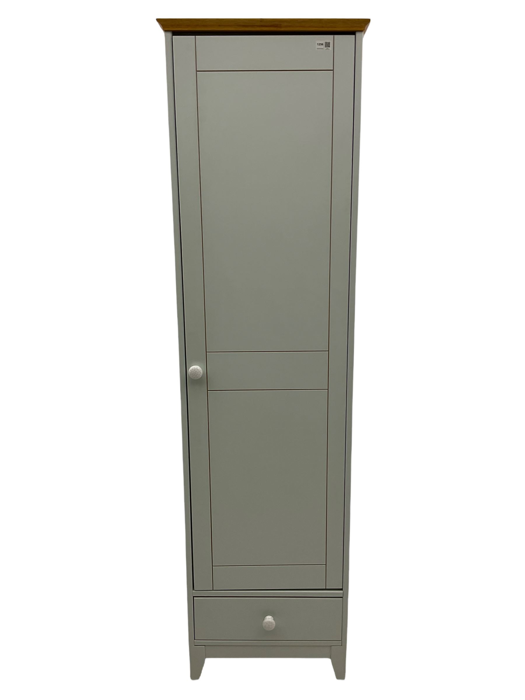Single wardrobe cupboard, with drawer, finished in duck egg blue with oak cornice