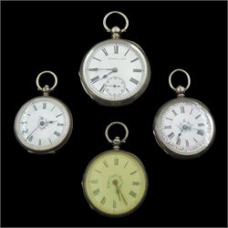 Silver Kendal & Dent pocket watch and three ladies silver cylinder pocket watches