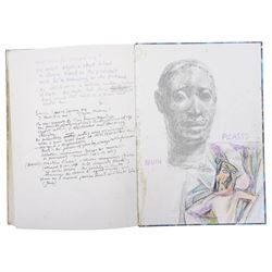 John Gilbey Bowles (British 1929-2011): Artist's Sketchbook - Surreal Art History Conversations, sketchbook containing thirty-four pages of pencil pastel and mixed media sketches of an art historical theme with interactions between famous paintings by different hands, most signed and dated 2008
Notes: examples include Edvard Munch's 'The Scream' reacting to a drawing by LS Lowry of street fighting; Albrecht Durer's drawing of a man dreaming of the Matisse line drawing; Hieronymus Bosch's 'The Last Judgment (detail) overseeing 'the Bacchanale Anglais' by Thomas Rowlandson; Toad of Toad Hall from the Wind in the Willows singing the praises of Henry VIII by Hans Holbein; a drawing by Leonardo Da Vinci admiring the humour in the drawing by LS Lowry; a Henry Moore drawing dreaming of a Thomas Rowlandson composition etc.