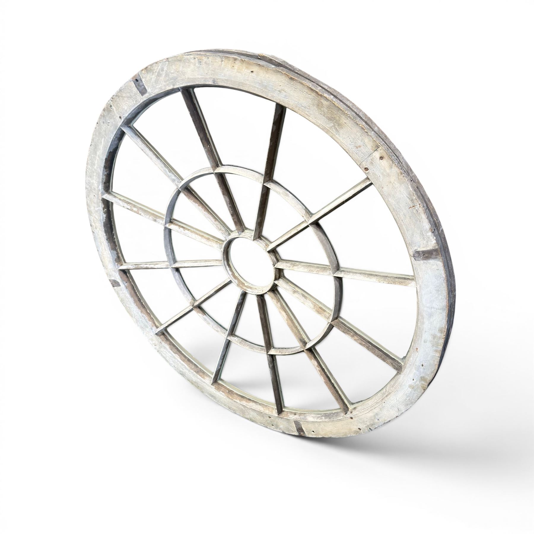 18th century pine circular window or ceiling lantern, astragal glazed segmented sunburst design