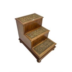 19th century mahogany step commode, pull-out action to reveal commode, the top with hinged lid, on turned feet